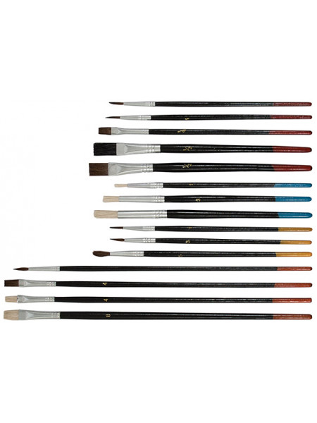 Кисти художественные натуральная щетина деревянная ручка плоские и круглые набор 15 шт.