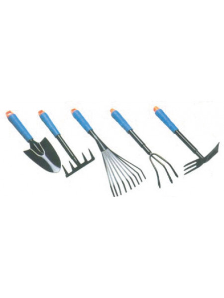 Садово-огородный набор (совок широкий грабельки ручные грабельки веерные рыхлитель мотыга) синие пластиковые ручки 5 шт.